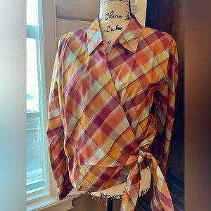 Coldwater Creek Multicolor Plaid Wrap Blouse 💯 silk